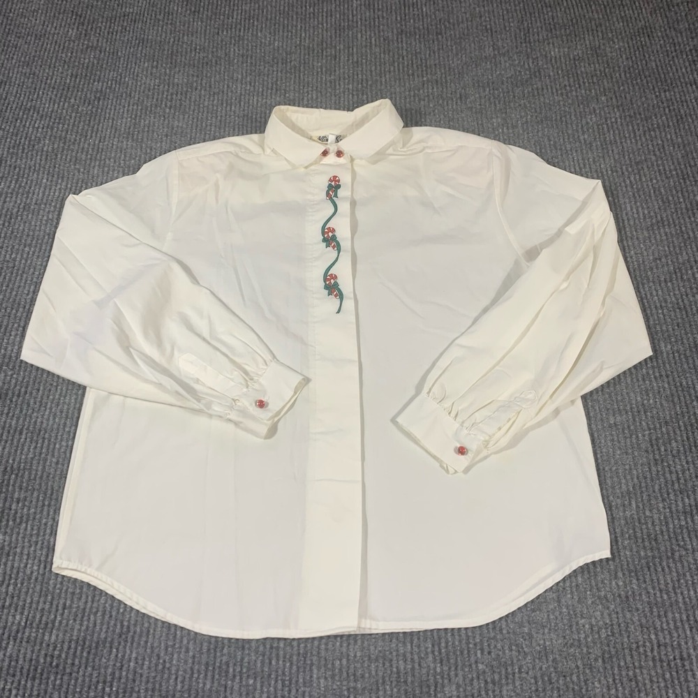 VTG Allison Smith Top Womens 14 White Long Sleeve Christmas Embroidered Candy